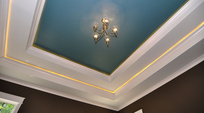 Iulianelli Custom Homes Lithopolis Ohio residence custom build close up of the master bedroom recessed ceiling with indirect lighting