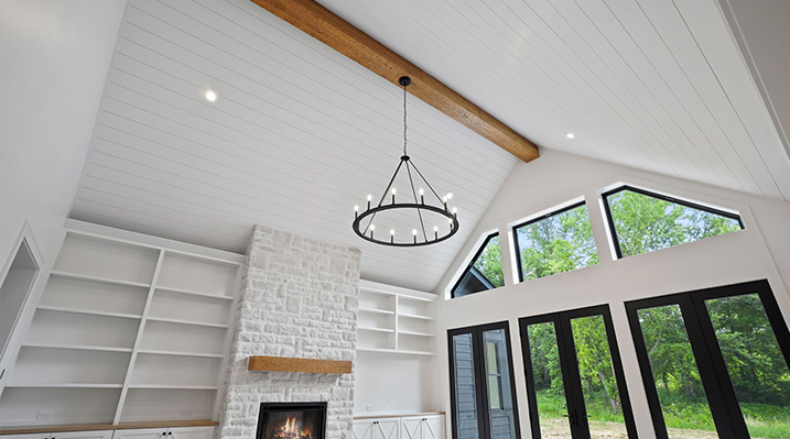 ICH Builders Canal Winchester Ohio residence custom build main room with cathedral ceiling and wooden beams