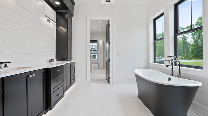 ICH Builders Canal Winchester Ohio residence custom build another view of the bathroom showing black and white detached bathtub