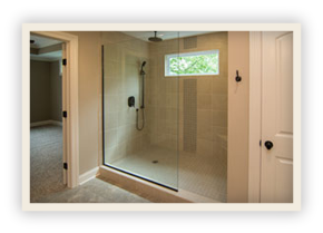 thumbnail image of Iulianelli Custom Homes Wilmington Model bathroom with large standing shower, black fixtures and slideing glass door