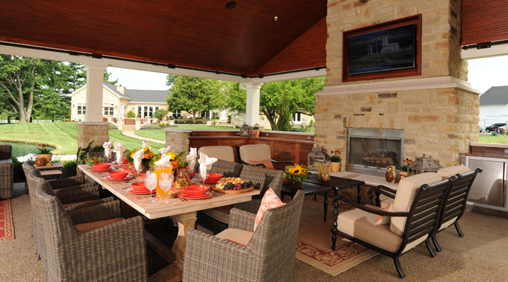 Iulianelli Custom Homes Pickerington Remodel another view of the detached backyard patio focusing in on brick fireplace